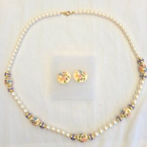 Vintage Japan Signed Faux Pearl & Floral Ceramic Bead Necklace & Pierced Earring